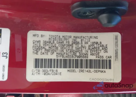 2012 Toyota Corolla Le z USA, uszkodzony, nr VIN 5YFBU4EE8CP005689